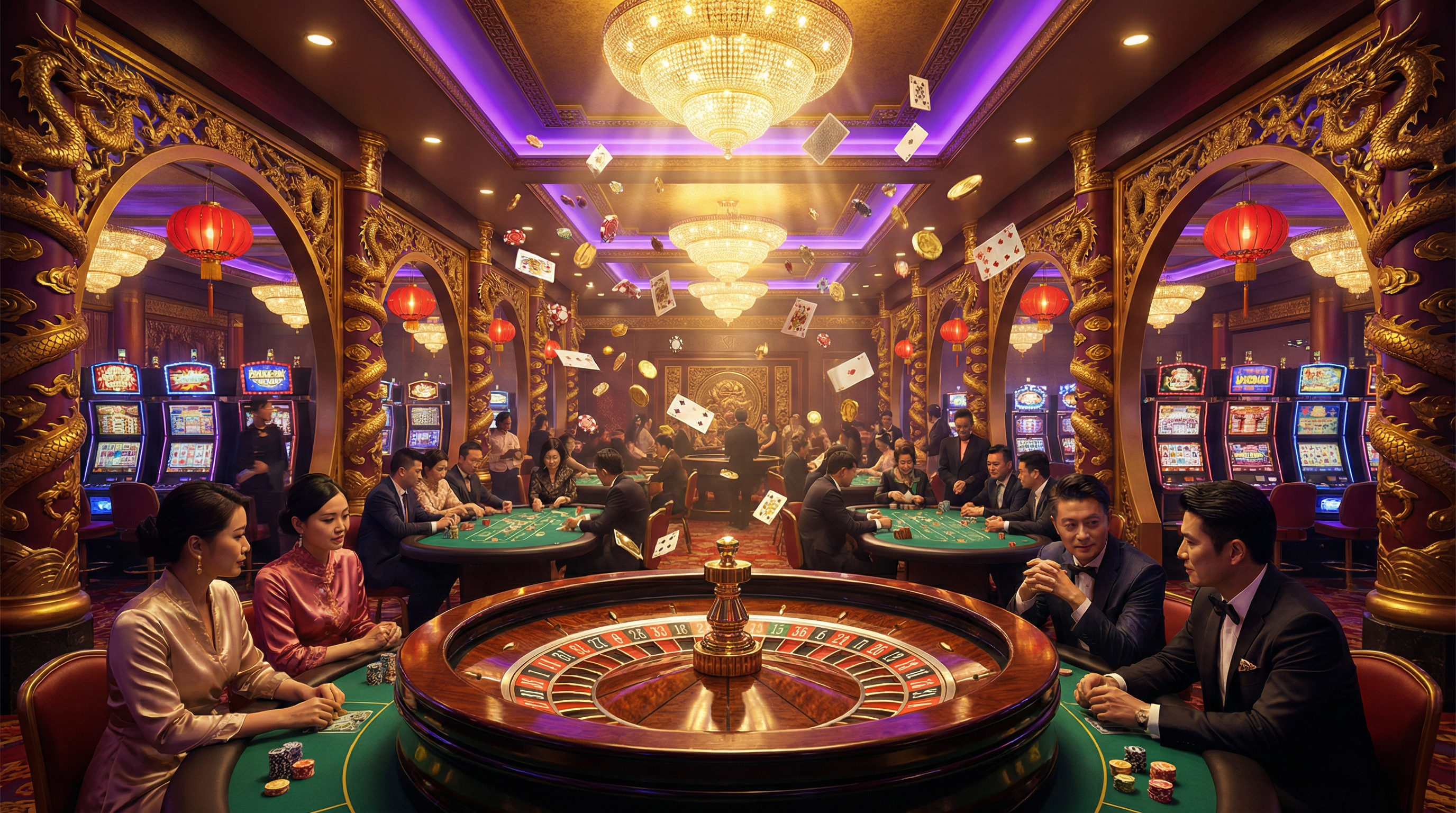 888集团豪华博彩大厅展示,包含轮盘、扑克桌和老虎机